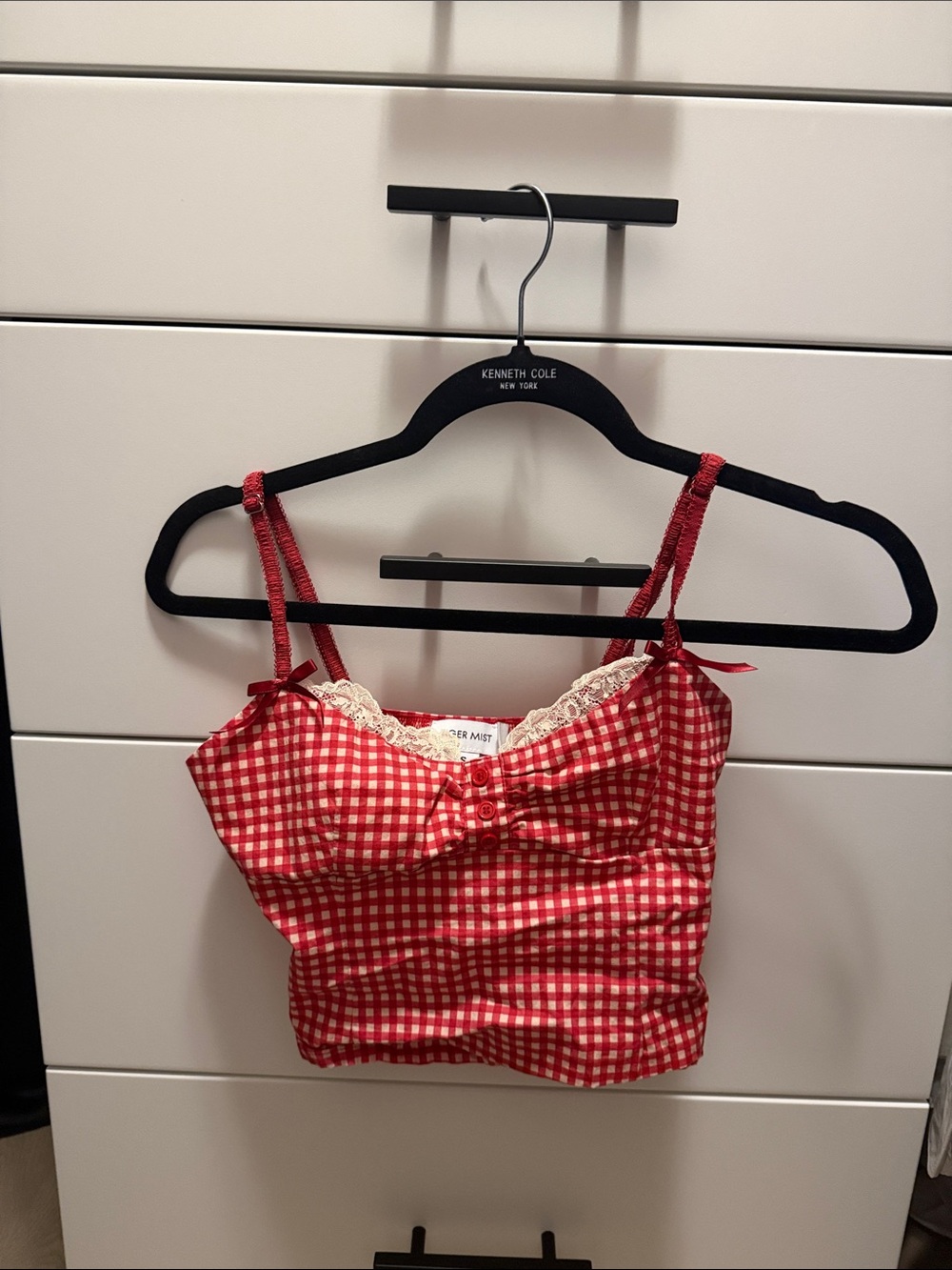 Red Gingham Lace-Trim Cami with Bow Detail